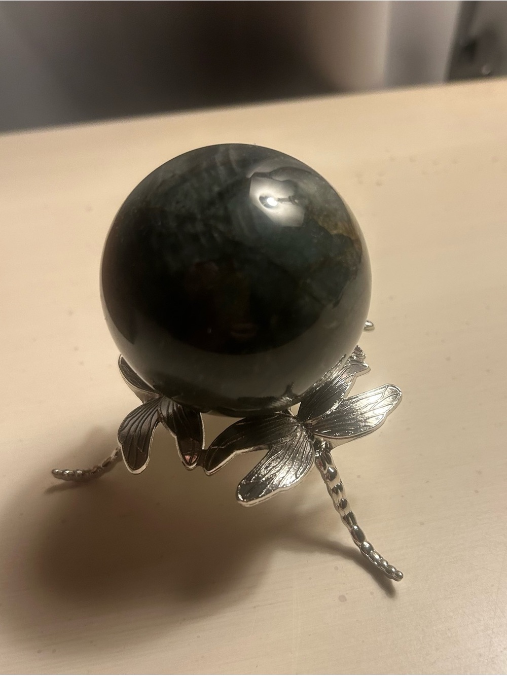 NWOT Labradorite ball on a Silver dragonfly Stand